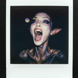 grainy color polaroid of a beautiful feminine alien screaming while being consumed by darkness, iridescent eyes, dreamlike, digital art, ultra realistic, photorealism, intricate detail, sigma 85mm f/1.4, 4k, hd