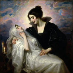 a renaissance oil painting by Alma Tadema of Demonic beautiful vampire woman mistress of death mourning widow squeezing an energy ghost, faint smile dark lipstick bun, earrings, dark lit candles, cloudy heaven, colourful pastel trending artstation, detailed portrait academic Bouguereau caravaggio high shadow contrast, sharp focus medium shot