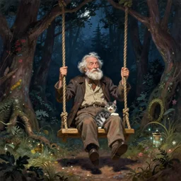an old man and his cat having fun on a swing dark night in an ancient forest, fantasy, artwork by brian froud, gediminas pranckericius