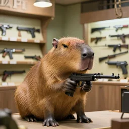 capybara in gun store, uzi