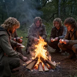 the fellowship of the ring making s'mores around a campfire