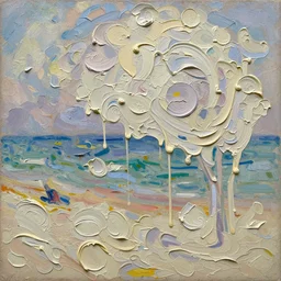 palette knife painting of a close up of a three - dimensional thick impasto oil painting of a beautiful italian beach scene, seen through complex globular texture, lots of thick encrusted paint, vast amounts of wax - like lines of dripping oil paint cover nearly everything, painted by monet signac and frank auerbach, background thick encrusted paint