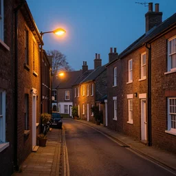 A street in an underground town, brick houses, orange street lights