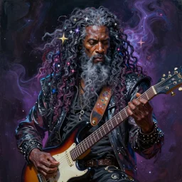 beautiful oil painting with high detail of a wise black guitarist with long curly hair made of stars and plasma, hybrid from dungeons and dragons and art direction by James Cameron ;by artgerm; wayne reynolds art station; cinematic quality character render; low angle; ultra high quality model; production quality cinema model; flair
