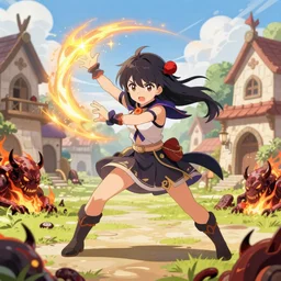 Digital anime art by WLOP and Mobius, A cute sorceress defends a village, casting magic spell, fighting pose, wide stance, determined expression, burning corpses of demons, highly detailed, bright sunny lighting