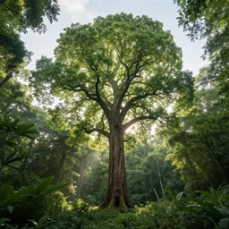 fabulous, mighty, spectacular tree in a thickly vegetated forest, fantasy, dreamlike sunraise, ultra realistic, ultra detailed