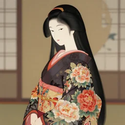 gorgeous japanese princess, long hair, beautiful intricately decorated clothing with peonies, half length view, 3 / 4 side view, shallow depth of field, matte painting by karole bak, by hasui kawase, yuumei, noriyoshi ohrai, mohrbacher