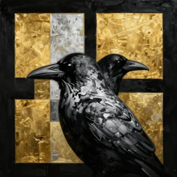 black gold silver, crow portrait!!!!!, symmetrical, award - winning painting, abstract, gold and silver shapes, rectangles, geometry, elegant, luxurious, beautiful, pitch black background