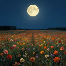 field of flowers at night, lit by moonlight, landscape art by donato giancola and greg rutkowski, vintage retro, digital art, trending on artstation, symmetry!!, volumetric lighting