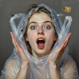 fine art portrait oil painting of a beautiful woman with garbage flying into her surprised face, wearing a plastic garbage bag, perspective, ultra detailed, elegant, intricate, dynamic lighting, hyperrealism, sharp focus, art by peter mohrbacher and tom bagshaw and andrei riabovitchev