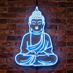 neon sign light Buddha, neon tube Buddha, brick background, octane render, high definition