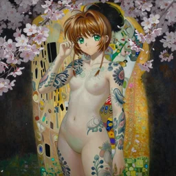 a dramatic painting of Sakura from Cardcaptor Sakura with ful body tattoos, artstation, hyperdetailed, cinematic lighting, by James Jean, Moebius, Cory Loftis, Craig Mullins, Rutkowski, Mucha, Kim Jung-Gi, Klimt, highly detailed, few farm green highlights, oil on canvas