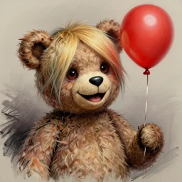 surrealism grunge cartoon portrait sketch of a teddy bear with a wide smile and a red balloon by - michael karcz, loony toons style, billie eilish style, horror theme, detailed, elegant, intricate
