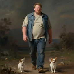 a large large large man walking a small dog