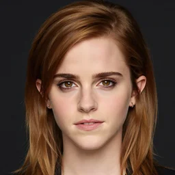 close-up portrait of Emma Watson looking into the camera, studio lighting