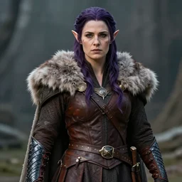 anya charlota as a medieval fantasy tolkien elf, dark purplish hair tucked behind ears, wearing leather with a fur lined collar, wide, muscular build, scar across the nose, one black, scaled arm, cinematic, character art, digital art, 8 k, detailed.