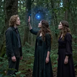 woman touches a portal to the stars in the forest, mikko lagerstedt, andreas aschenbach, tasha tudor