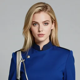 a portrait of a young woman with blonde hair, brave, rich, fancy clothes, blue uniform, shallan davar, blue eyes, beautiful, smiling, thick hair, dnd, rpg, outgoing, glowing, quick witted, artgerm style