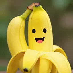 a very happy banana with face, vivid