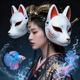 3 d goddess close - up profile portrait russian with ram skull. beautiful intricately detailed japanese crow kitsune mask and clasical japanese kimono. betta fish, jellyfish phoenix, bio luminescent, plasma, ice, water, wind, creature, artwork by tooth wu and wlop and beeple and greg rutkowski