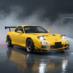 a yellow mazda rx 7 with body kit, cinematic, nikon d 7 5 0, long exposure, white balance, 8 k, led, lumen global illumination, fog, ray tracing reflections, fxaa, rtx, post - production