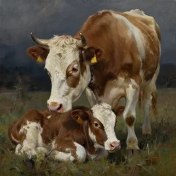 A mother cow, sad and devastated, mourning the death of her calf, grim background, emotions, oil painting