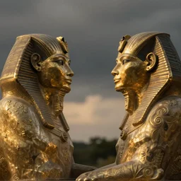 2 guardian sphinx looking at each other, greg rutkowski, 8 k, shallow depth of field, moody lighting, golden hour, ultra high detail, concept art,