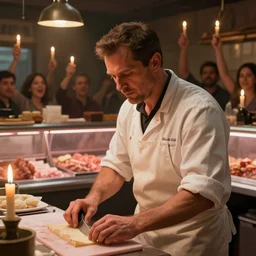 the butcher working hard in a butcher shop full of people calling him, lit by candles, digital painting, artstation, concept art, craig mullins, breathtaking, 8 k resolution, extremely detailed, beautiful, establishing shot, artistic, hyperrealistic, octane render, cinematic lighting, dramatic lighting, masterpiece, light brazen, extremely detailed and beautiful face