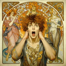 an hyper intricate oil painting of mind blown young man!!!!!, cannot believe, surreal, excellent composition, by yoshitaka amano, by greg rutkowski, by alphonse mucha, by rhads, by ross tran, trending on artstation