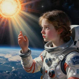 painting, young girl, beautiful face, gorgeous, light beams, above earth, cinematic lighting, outer space, touching sun beam, erupting colors, eva suit, sad, extremely detailed, sharp focus, by greg rutkowski and [ [ [ wlop ] ] ], intricate, beautiful, award winning, trending on artstation, pixiv