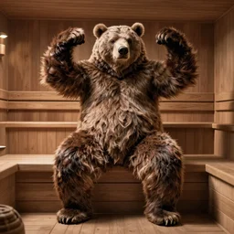 Full body picture of a bear-headed strongman with thick fur on his arms and thick fur on his legs and thick fur on his chest and thick fur on his belly in a flexing position in a sauna, realistic