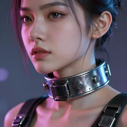 detailed realistic female character cyberpunk wearing thick steel collar around neck, realistic, art, beautiful, 4K, collar, choker, collar around neck, punk, artstation, detailed, female, woman, choker, cyberpunk, neon, punk, collar, choker, collar around neck, thick collar, tight around neck, punk, detailed eyes
