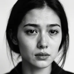 a beautiful woman face closeup. with black hair, sad, pale, expressive, been crying, a black and white photo by robert mapplethorpe, tumblr, naturalism, black and white, contrasting, photocopy