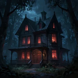 hyper realist matte digital painting of a haunted house in the forest at night, fantasy art, photo realistic, dynamic lighting, artstation, volumetric lighting