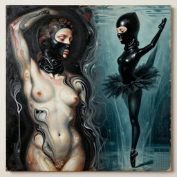 two beautiful female body carved scultp, photgraphy by amy leibowitz, voronoit pattern melting, pseudofigurative beautiful marbling acrylic fluid portrait, renaissance painting by michaelangelo, matte fresco, black latex female balaclava, female calendar, ballerina body covered with black latex, underwater, concept art, melting glass, close up portrait, cinematic still, film still, kandinski, fashion portrait, black colors, sketch