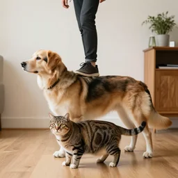 Man standing on dog standing on cat standing on hamster