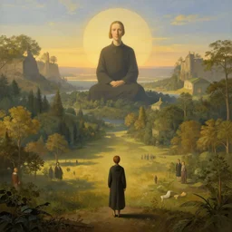 symmetry!! god overlooking a surreal landscape of a dream, lucid dream, people, very detailed, serene, peaceful, golden hour, perfect lighting, perfect composition, digital art, illustration, frederic edwin church, rene magritte, 4 k