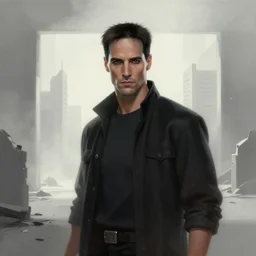 battle hardened, overpowering, magnetic, charismatic neo from the matrix, face centered portrait, confident, ruined cityscape, sterile minimalistic room, architecture, fog, volumetric lighting, illustration, perfectly shaded, soft painting, art by krenz cushart and wenjun lin