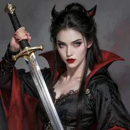 female human vampire witch holding a sword, in the style of greg rutkowski, makoto shinkai, trending on artstation, character design, concept art, pretty face, forward facing, highly detailed, digital art