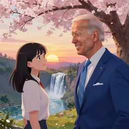 featured on artstation joe biden meets a beautiful smiling anime girl with black hair under a cherry tree overlooking valley waterfall sunset beautiful image stylized digital art