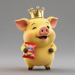 photo of cute happy puppet muted yellow pig wearing a gold crown holding snack bags 8k resolution, award winning, realistic, cinematic concept art