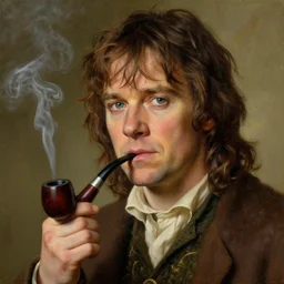 james corden as meriadoc brandybuck, hobbit smoking a pipe, by alan lee, lord of the rings, smooth, oil painting, matte painting, concept art, trending on artstation, promotional artwork, film still, elegant, photorealistic facial features, intricate, detailed face, cinematic lighting