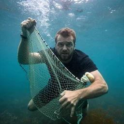 vojislav seselj stuck in a fishing net, underwater, struggling