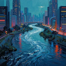 The river of time, painting in cyberpunk style