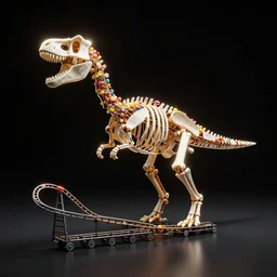 Simple bionic exploded drawing dinosaur skeleton sculpture made from rollercoaster, with colorfull jellybeans organs, by david lachapelle, by angus mckie, by rhads, in a dark empty black studio hollow, c4d, at night, rimlight, rimight, rimlight, c4d, blender donut tutorial, octane