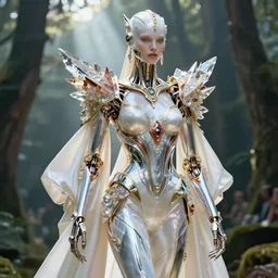 beauteous sumptuous hybrid elegant, white pearlescent, chrome, iridescent titanium biomechanical, futuristic catwalk fashion show, crystal, gold, copper, bronze, crystalline masterpiece incrustations, hyperdetailed metalwork by h. r. giger movie still, intricate, octane render, cinematic forest lighting, unreal engine, crepuscular rays, god rays