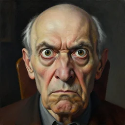 closeup face, big eyes, angry old man in chair inside a dark house, surrealism, painting by boris vallejo and michael whelan