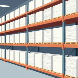 a warehouse with huge shelves in which stacks of paper are stored, video game vector cutout illustration vivid multicolor borderlands comics by josan gonzales and dan mumford radiating a glowing aura