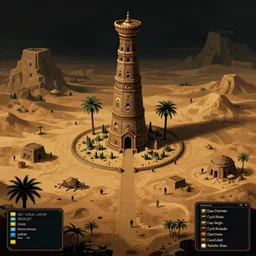 ancient zulu tower in the desert of dreams. a 2 d rpg retro map surrealist video game by by dave dorman hieronymus bosch, cyril rolando, esher and natalie shau, whimsical, profound, impossible, dark, atmospheric, brooding, digital painting, intricate. profound. wow