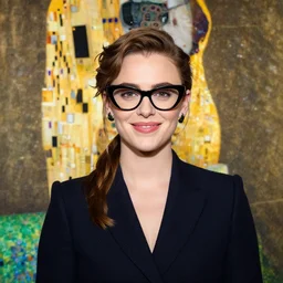 a portrait of female asa Butterfield mixed with pam beesly wearing cat-eye glasses, smiling by gustav klimt